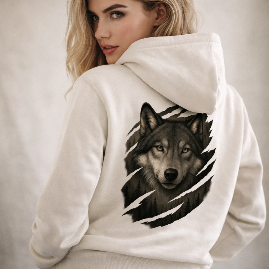 Woman wearing a white hoodie with a wolf design on the back