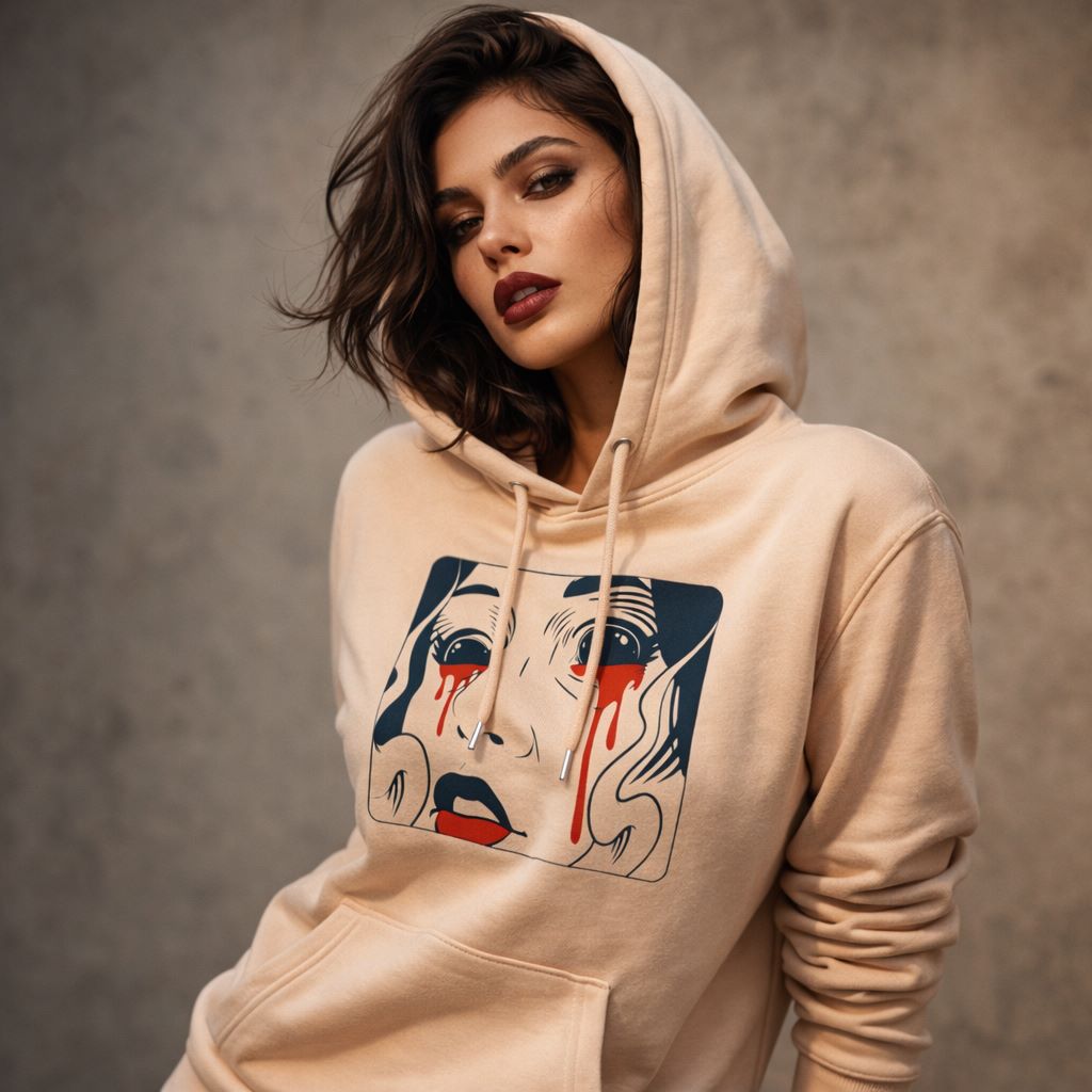 Woman wearing a beige Stanley/Stella hoodie with a graphic design on a neutral background
