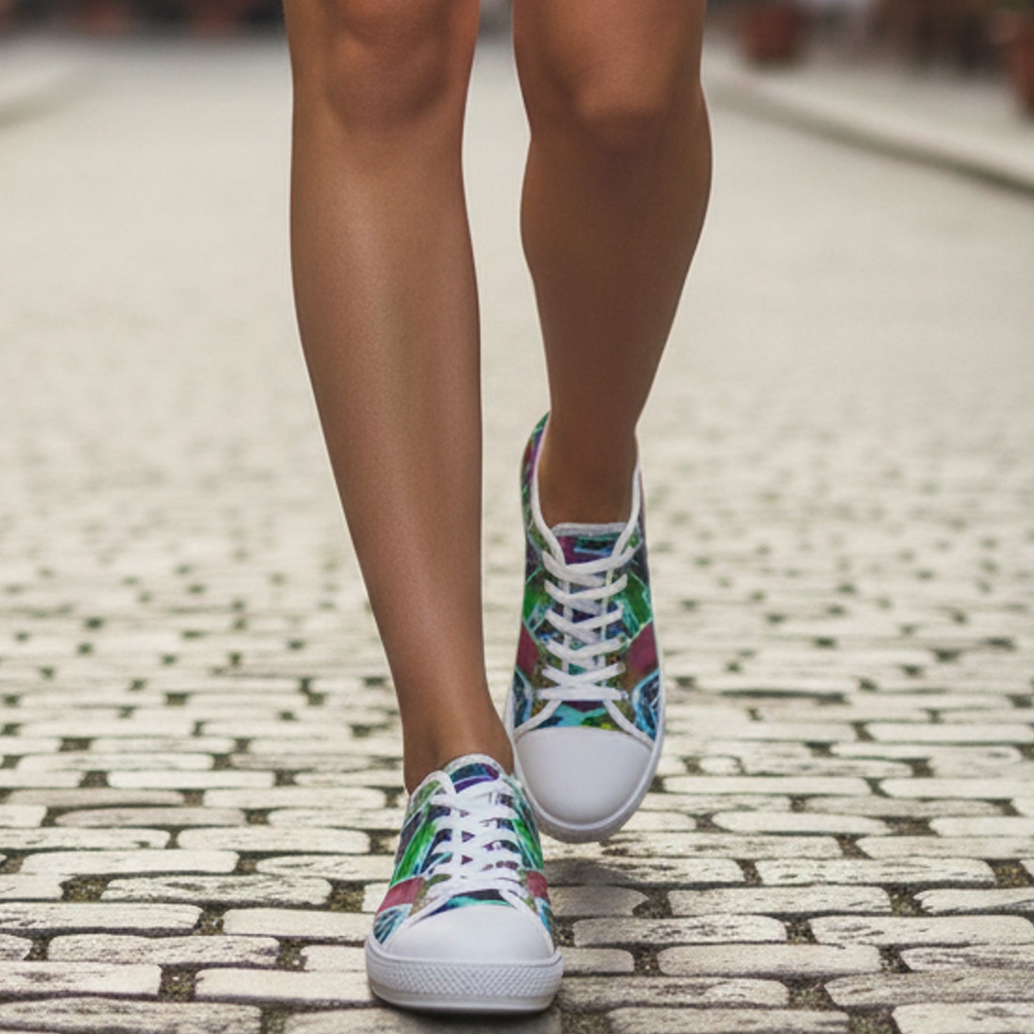 Colorful sneakers on a person walking on a cobblestone street