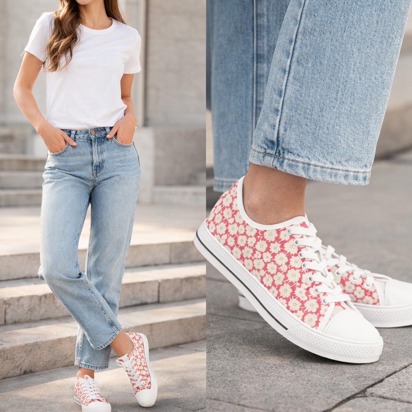 Woman wearing white canvas sneakers with pink floral pattern, standing on steps.