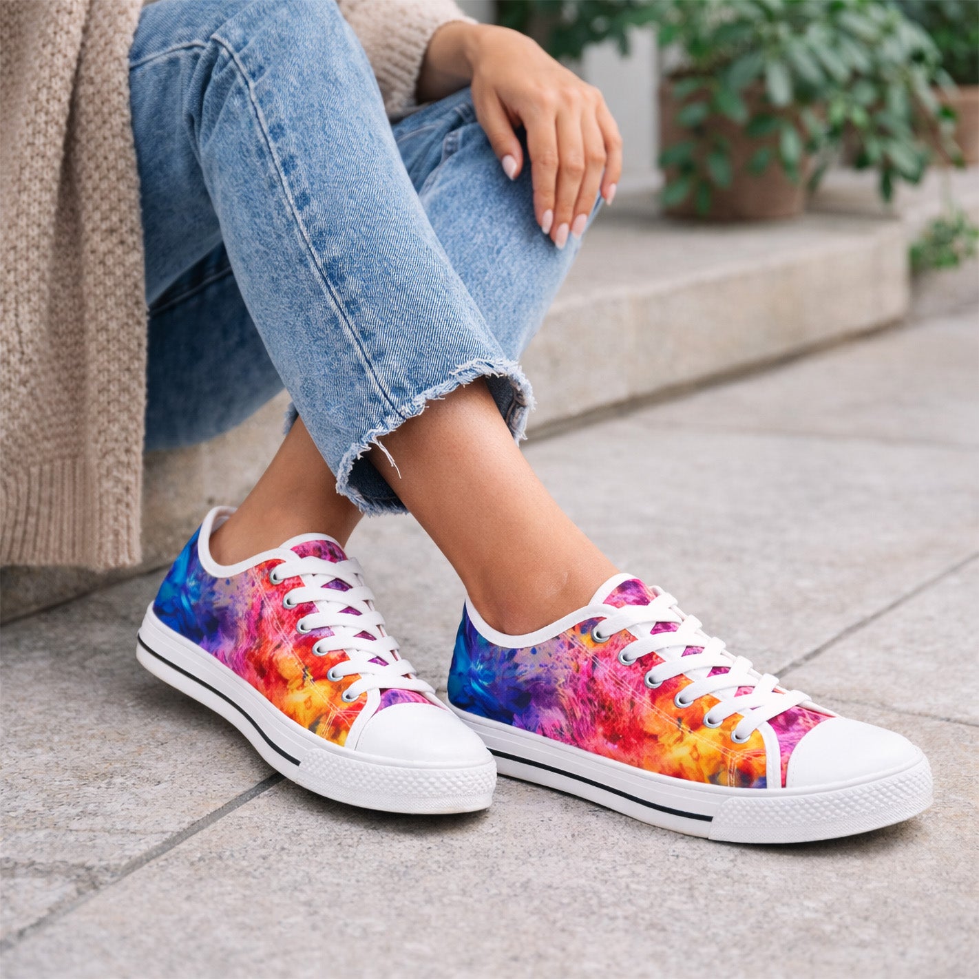 Woman wearing blue jeans and a beige sweater sits on a stone step, showing off colorful, tie-dye style sneakers with white laces and soles. Green plants are visible in the background.