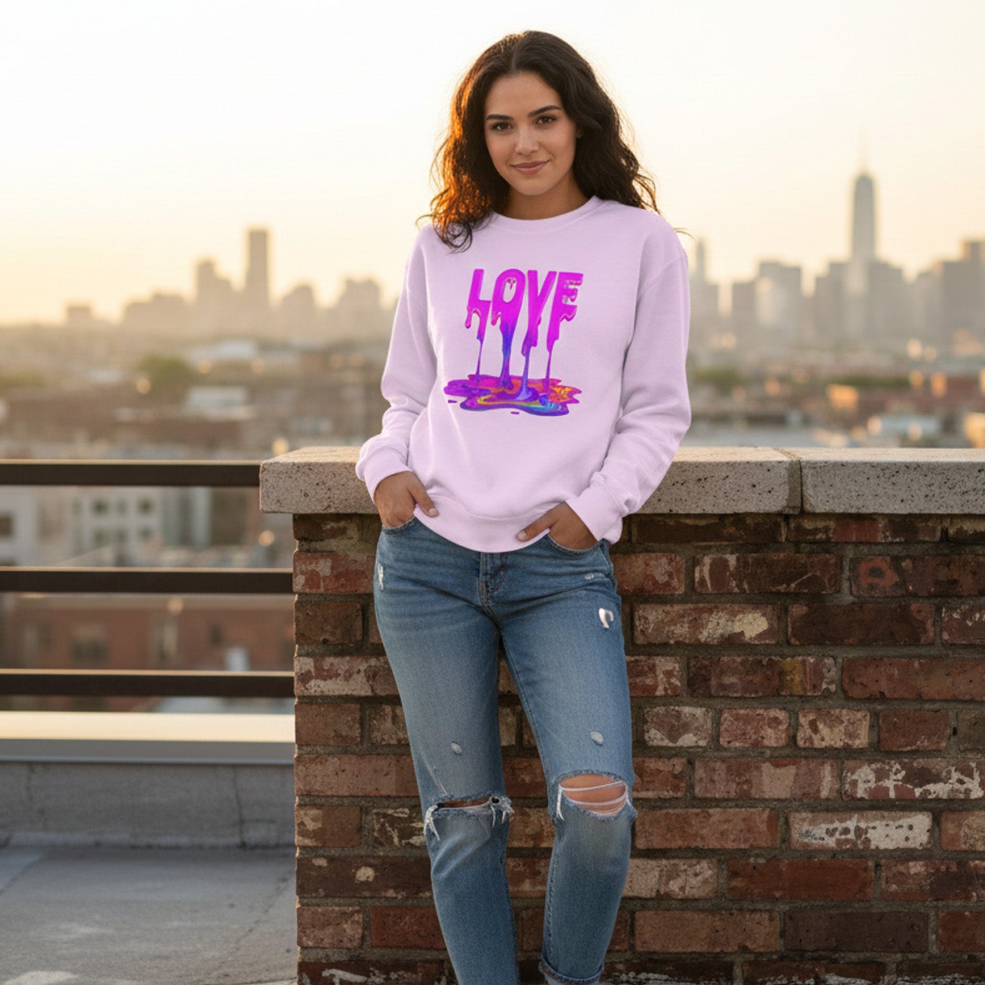 Woman wearing a pink sweatshirt with 'LOVE' printed on it, standing on a rooftop with a cityscape in the background.