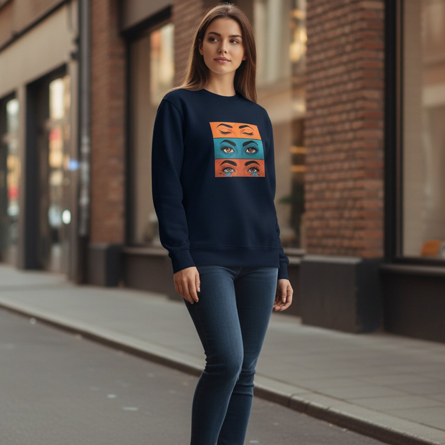 A woman walks down a city street wearing a navy blue sweatshirt with a colorful graphic of eyes in orange and blue squares, paired with blue jeans.