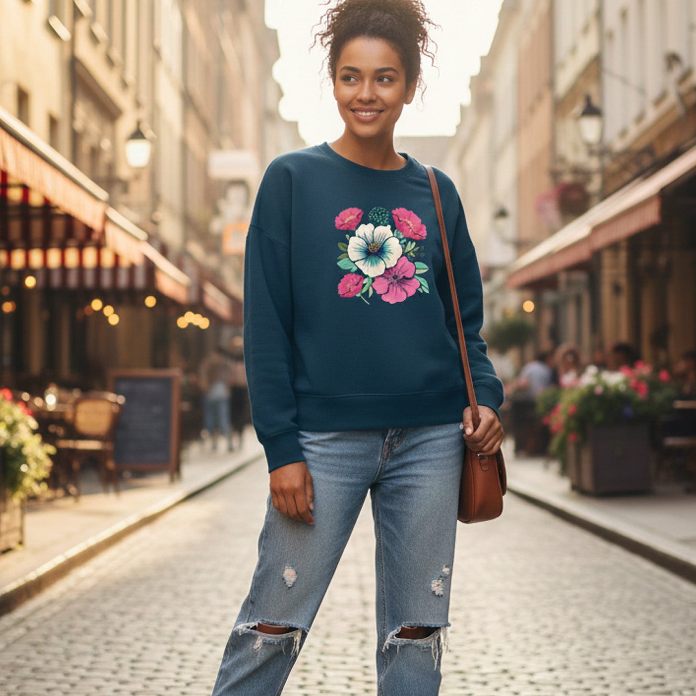 Woman wearing a blue sweatshirt with a floral design on a city street.