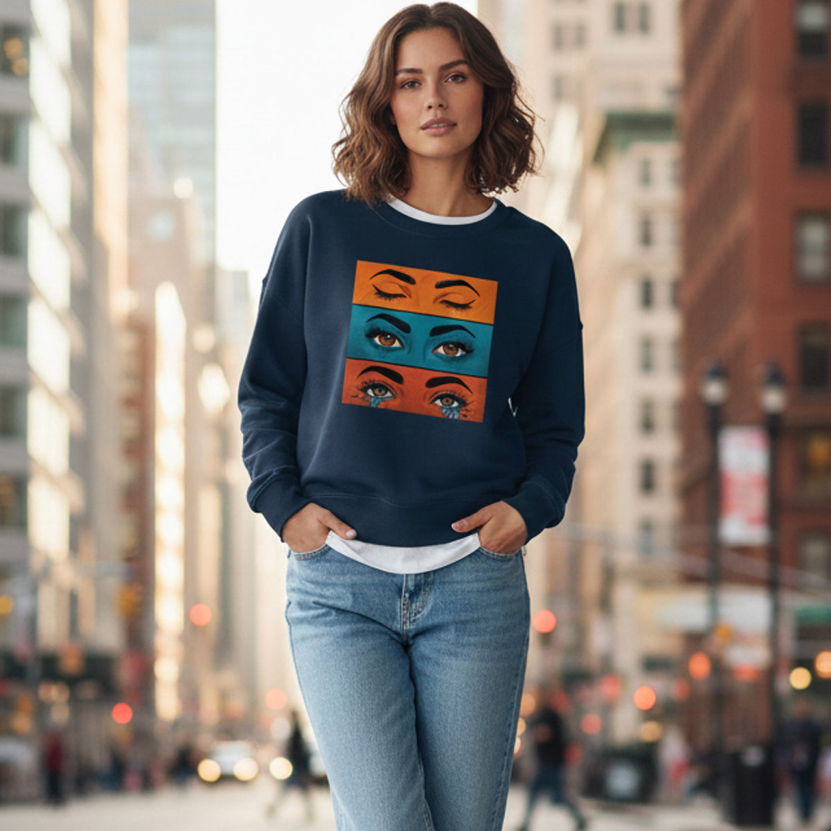 Woman wearing a navy blue sweatshirt with colorful eye design in an urban setting