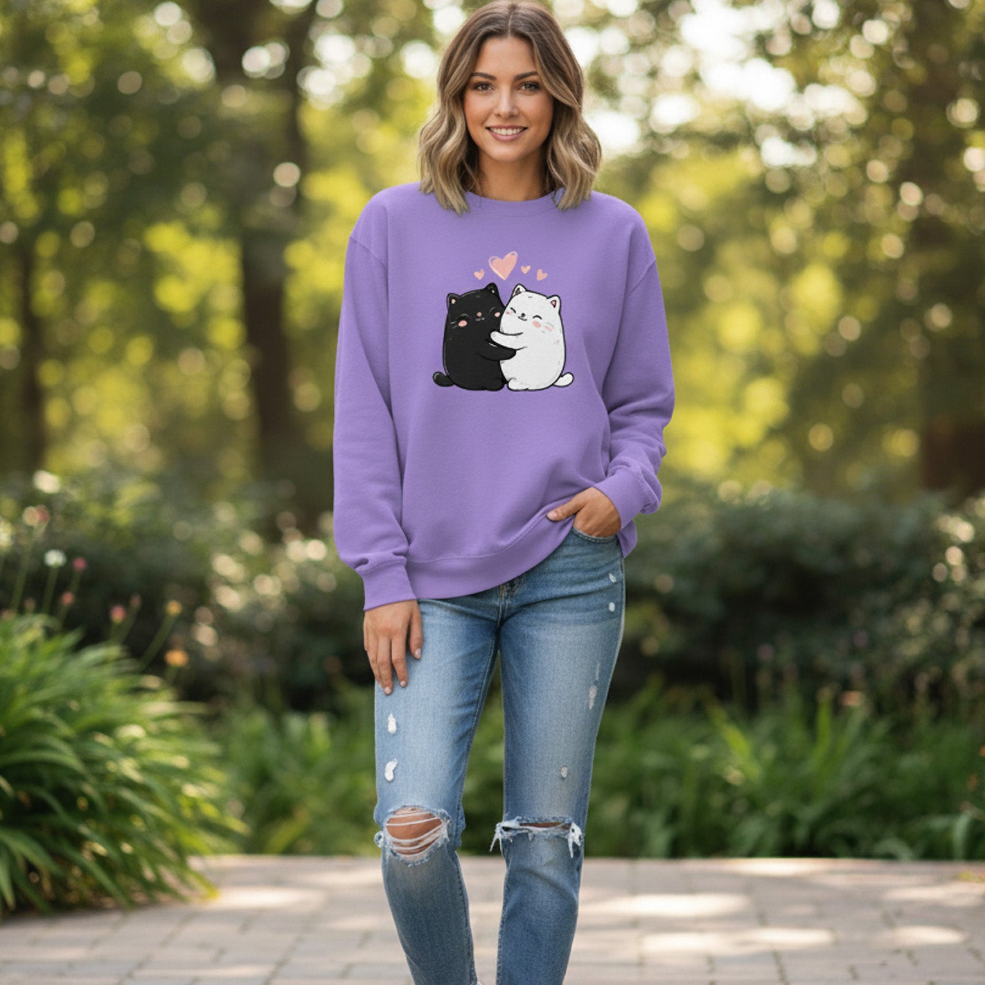 A woman stands outdoors on a stone path, wearing a purple sweatshirt with a cartoon of a black and a white cat sitting together with hearts above them. She is also wearing ripped blue jeans and smiling at the camera.