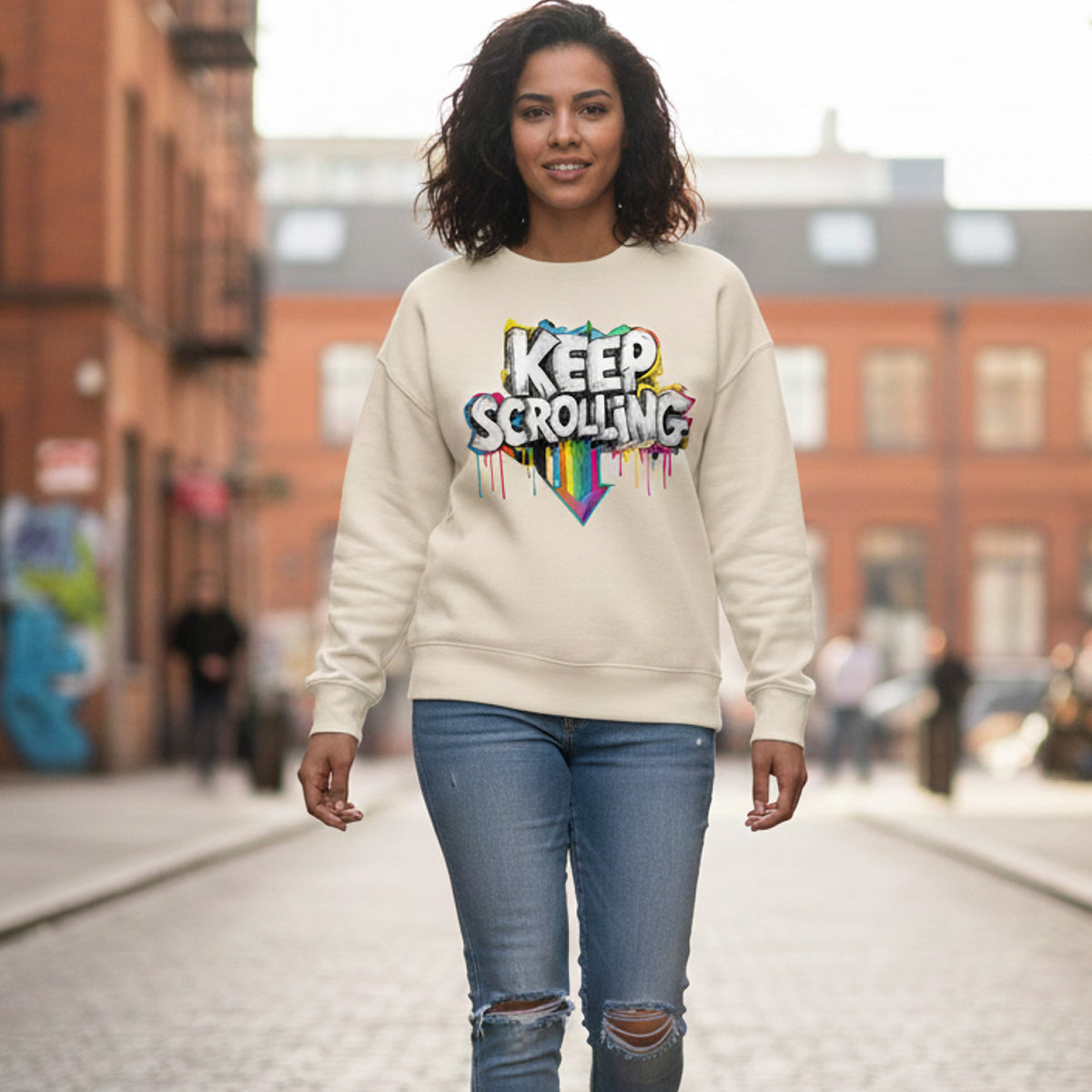 Woman wearing a beige sweatshirt with 'Keep Scrolling' text in an urban setting