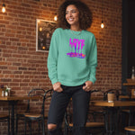 Woman wearing a teal sweatshirt with 'LOVE' design in a casual setting