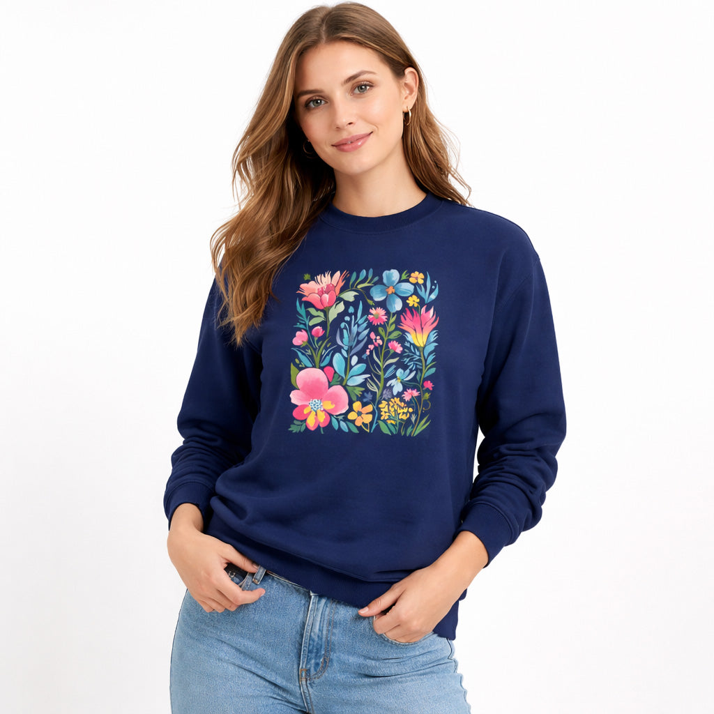 Woman wearing a navy blue sweatshirt with floral design on a white background
