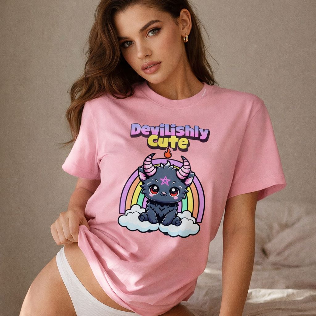 Woman wearing a pink t-shirt with a cartoon character and 'Devilishly Cute' text.