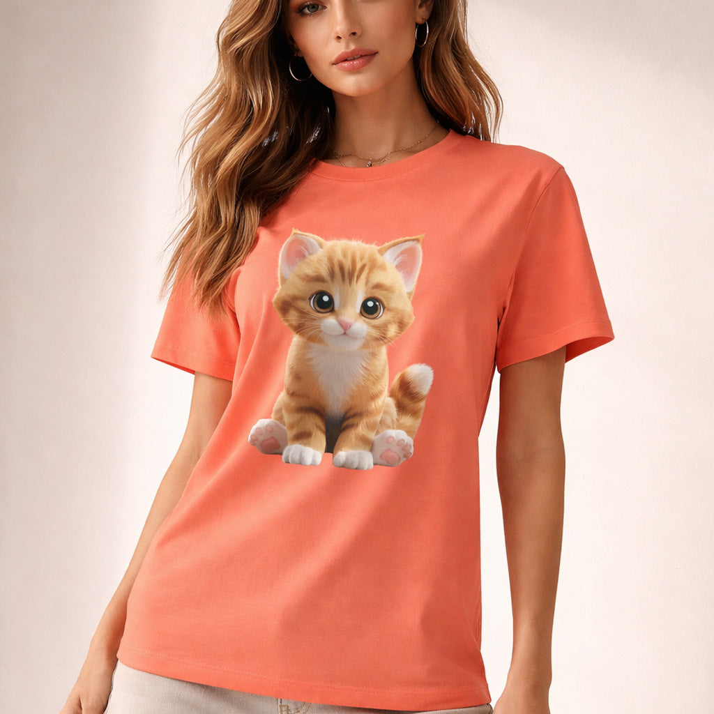 Woman wearing an orange t-shirt with a cat graphic on a beige background