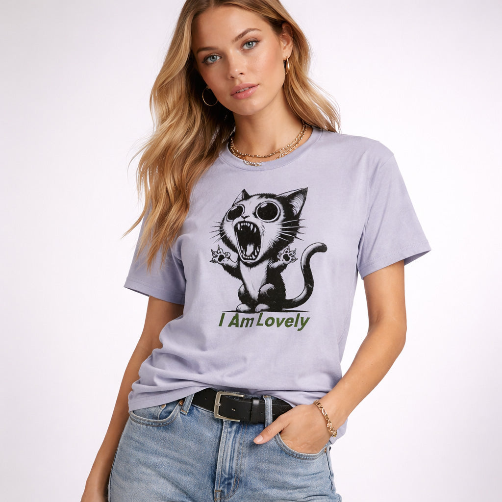 Woman wearing a lavender t-shirt with a graphic of a cat and 'I Am Lovely' text on a white background