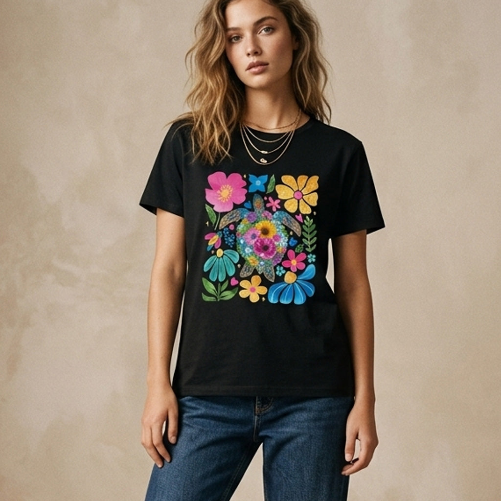Woman wearing a black t-shirt with colorful floral design on a beige background