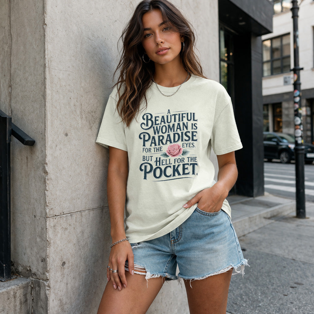 Woman wearing a t-shirt with a quote on a city street