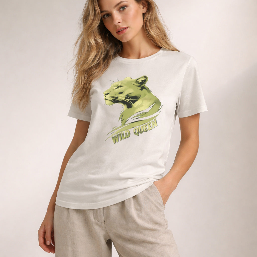 Woman wearing a white t-shirt with a green lion graphic and 'Wild Queen' text on a plain background