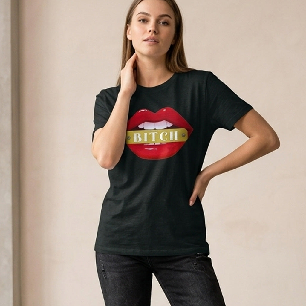 Woman wearing a black t-shirt with a graphic design of red lips and the word 'Bitch' on a beige background