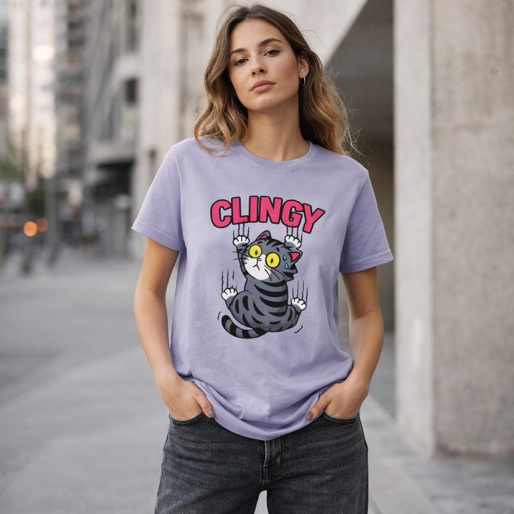 Woman wearing a purple t-shirt with a graphic of a cat and the word 'CLINGY' in an urban setting.