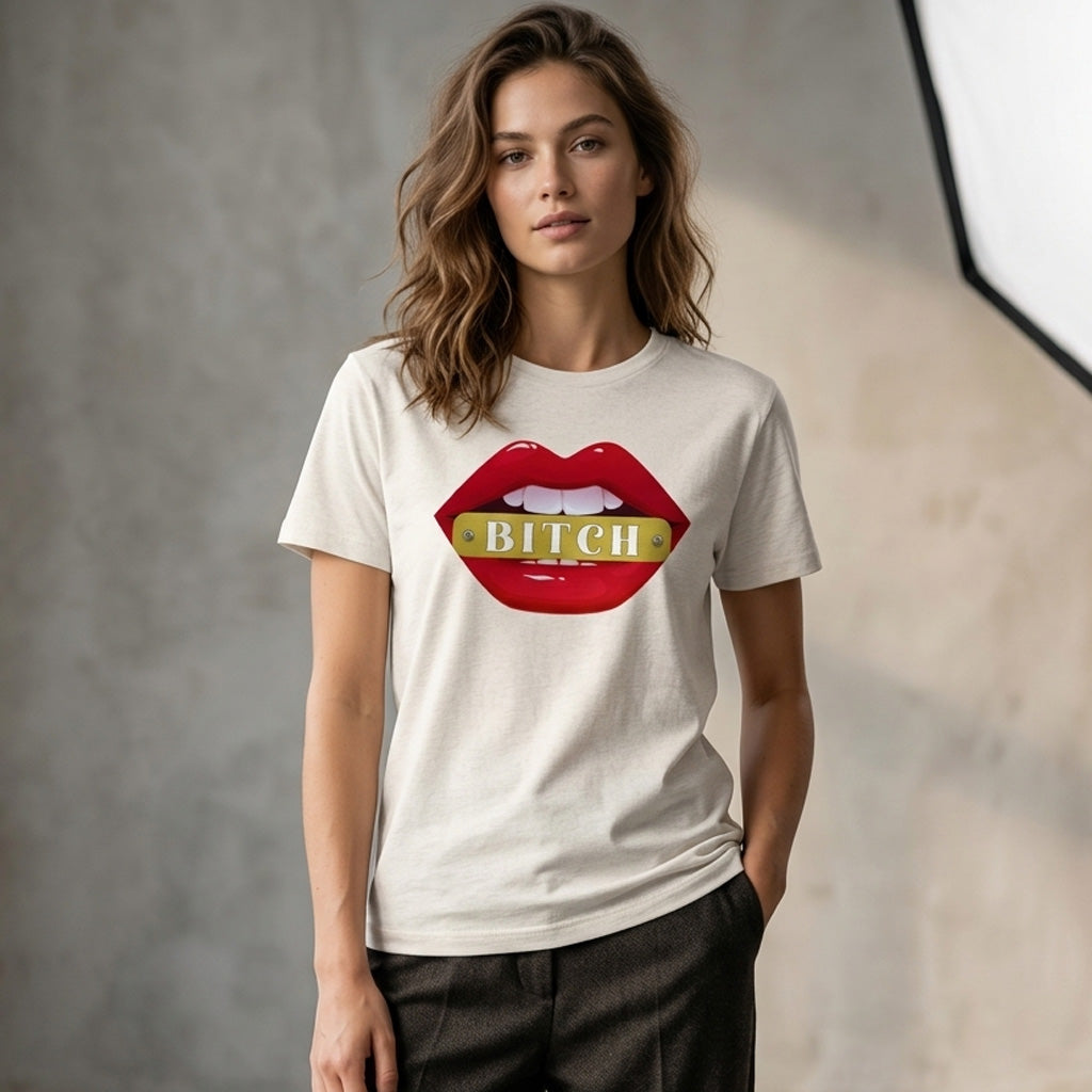 Woman wearing a white t-shirt with a graphic design of red lips and the word 'Bitch' on a gray background