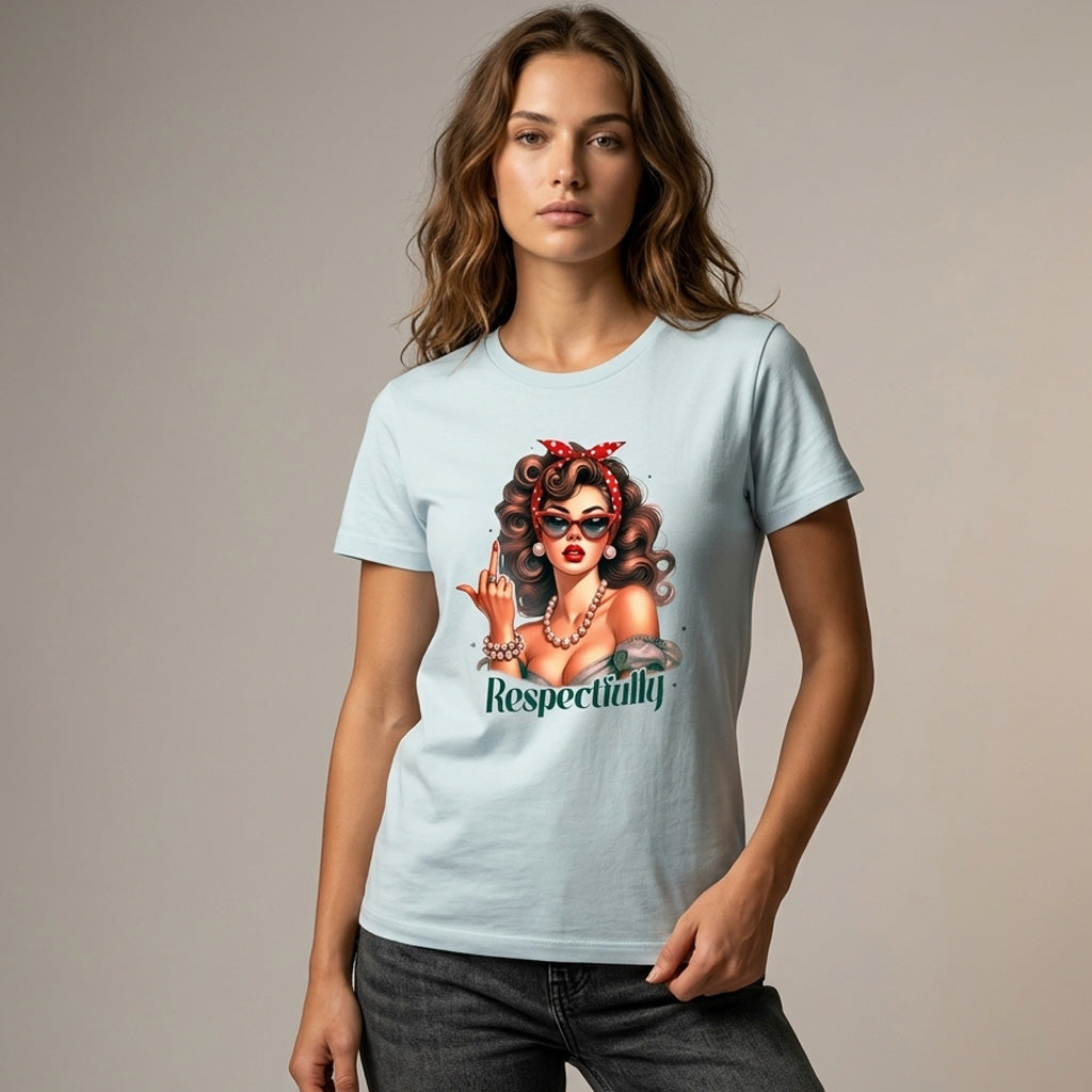 Woman wearing a light blue t-shirt with a graphic design and text.