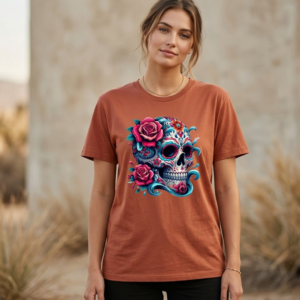 Woman wearing a brown t-shirt with a colorful skull and floral design outdoors.