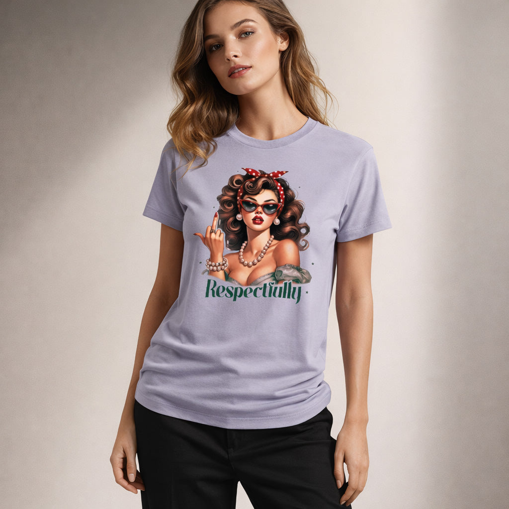 Woman wearing a t-shirt with a graphic design and text on a plain background