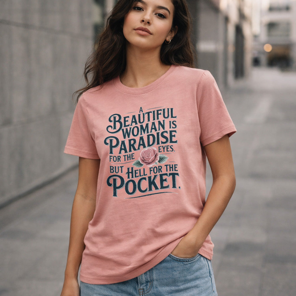 Woman wearing a pink t-shirt with text and a rose graphic on a street background