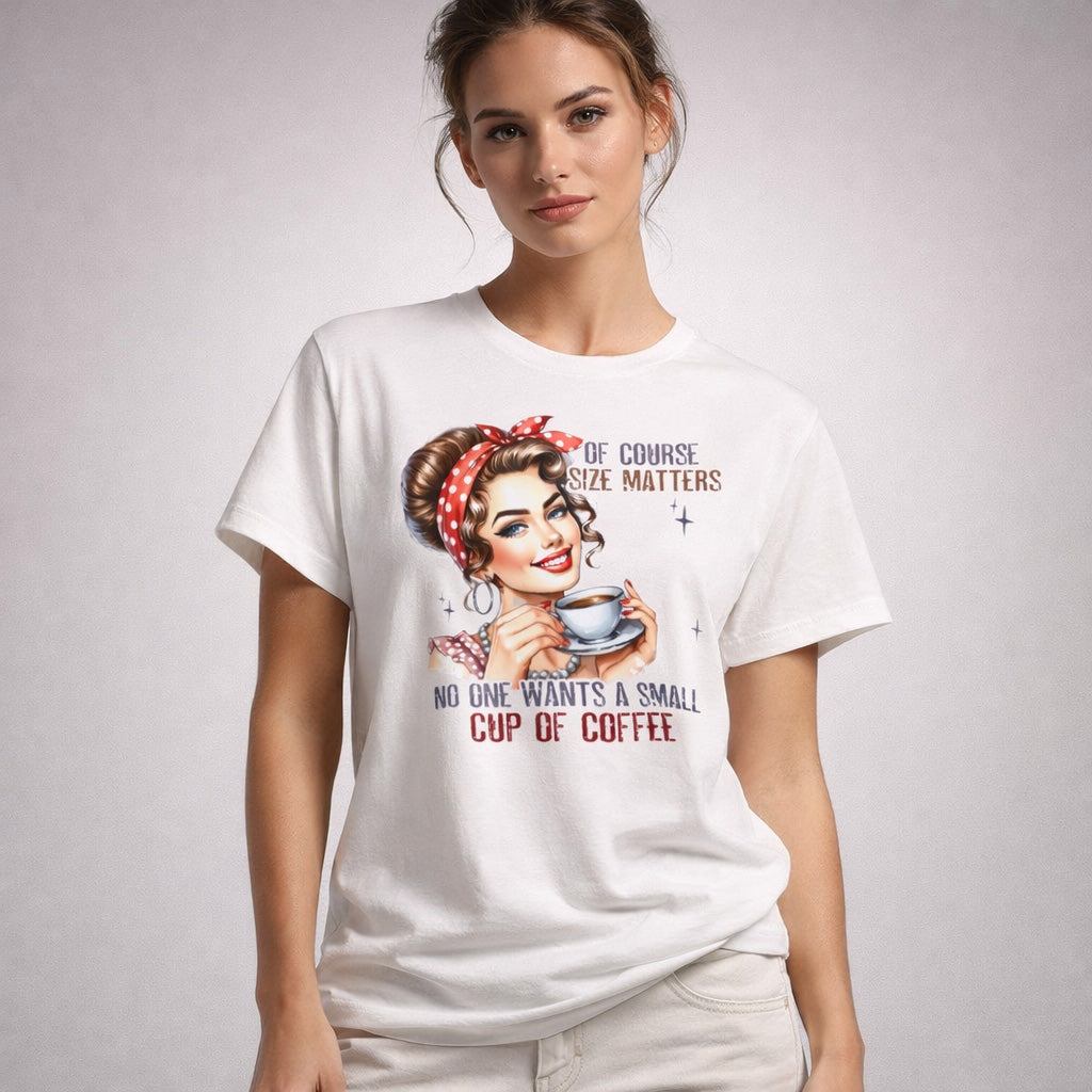 Woman wearing a white t-shirt with a graphic design and text on a plain background