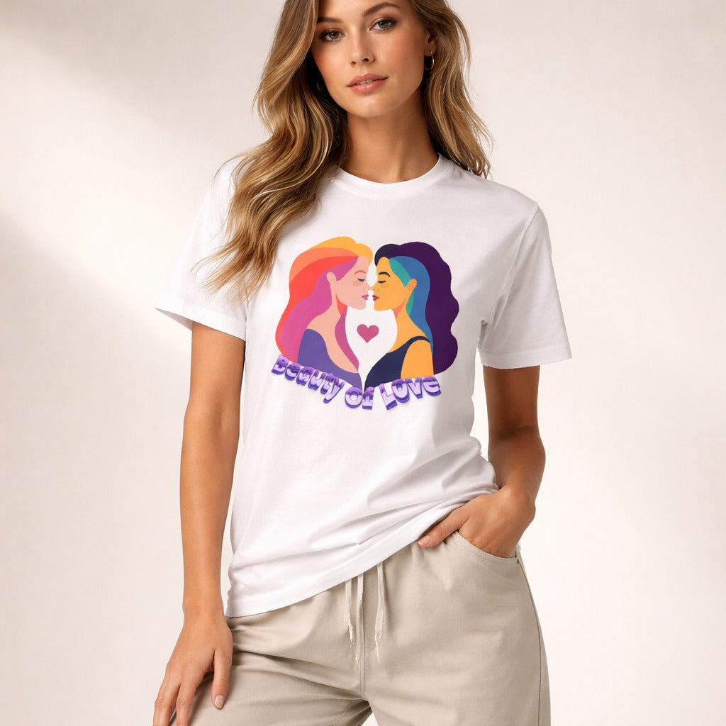 A woman wearing a white T-shirt with a colorful graphic of two women facing each other, forming a heart shape between their faces, and the words "Out of Love" printed below the illustration.