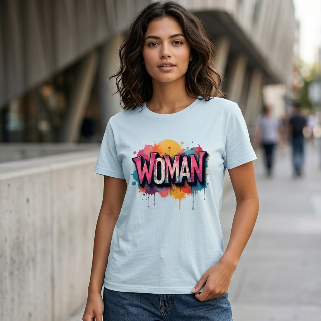 A woman stands outdoors wearing a light blue t-shirt with the word "WOMAN" in bold, colorful, graffiti-style letters. The background shows a modern city street with buildings and a sidewalk.