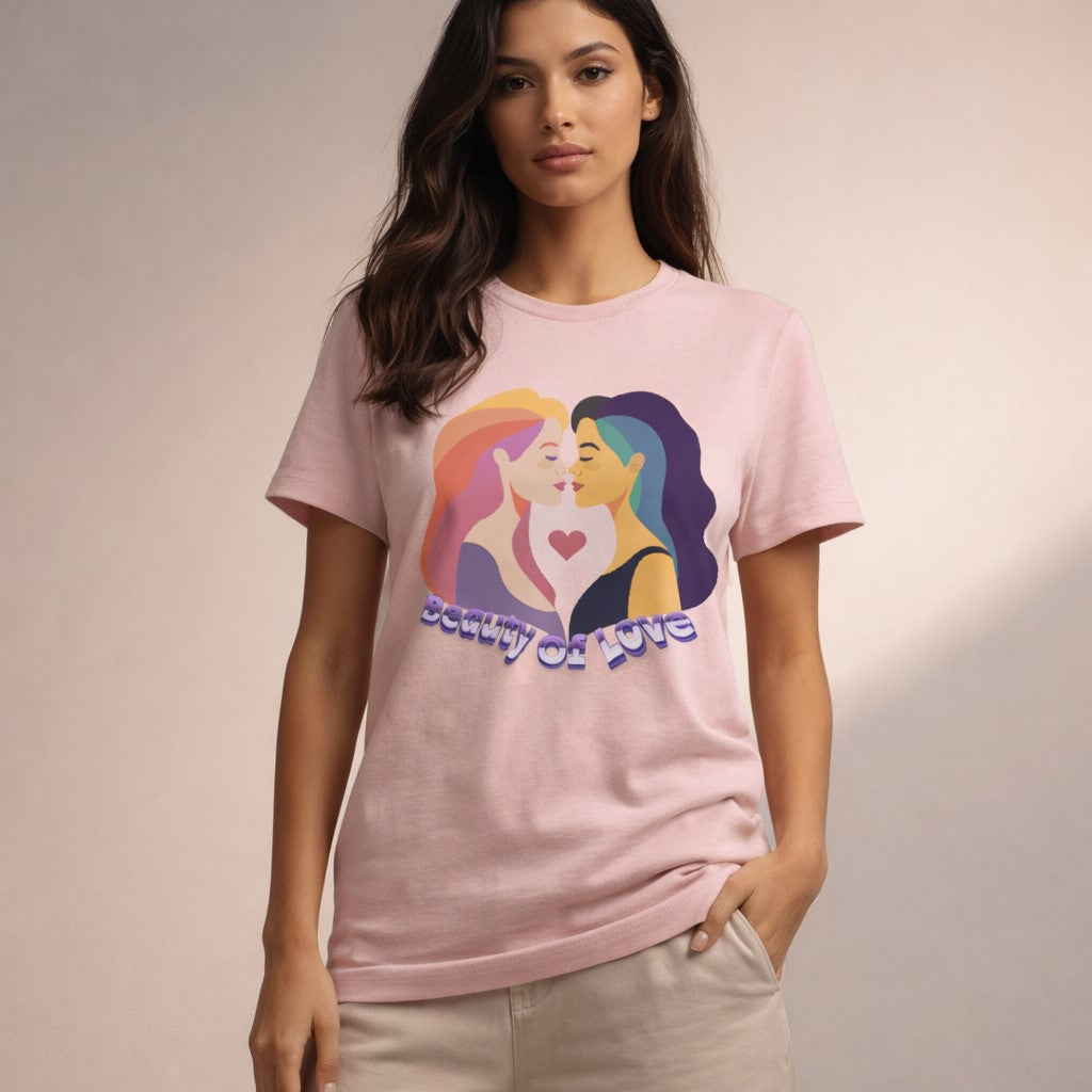 A woman in a light pink T-shirt with an illustration of two women facing each other, a heart between them, and the text "beauty of love." She stands with one hand in her pocket against a neutral background.