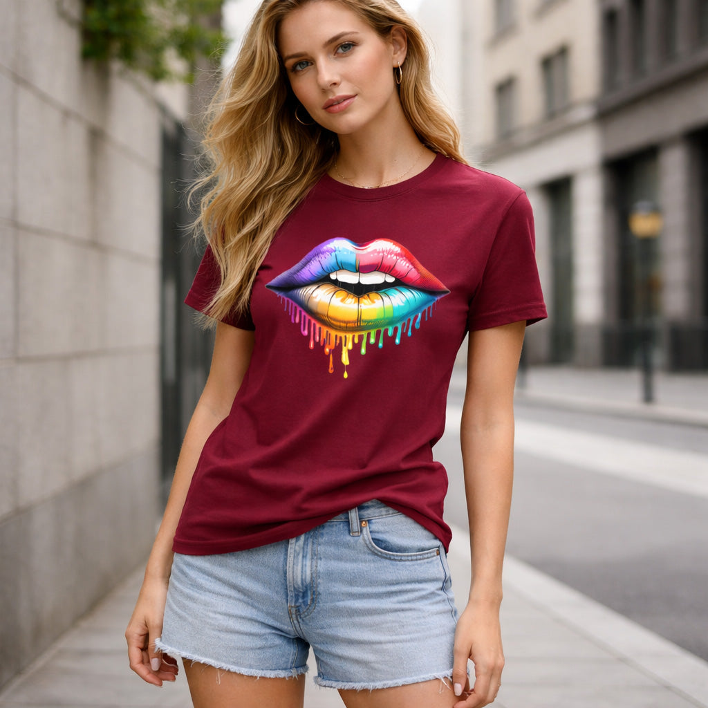 A woman wearing a burgundy T-shirt with a colorful, dripping rainbow lips graphic stands on a city street. She has long blonde hair and is also wearing light denim shorts. The background features buildings and a sidewalk.