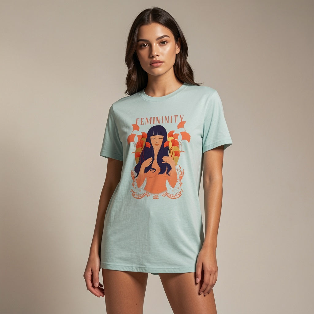 A woman with long brown hair wears a light blue t-shirt featuring an illustrated woman with long purple hair, orange flowers, and the word “Femininity” printed above the design. She stands against a plain background.