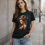 Woman wearing a black t-shirt with a graphic design of a woman's face on a city street.