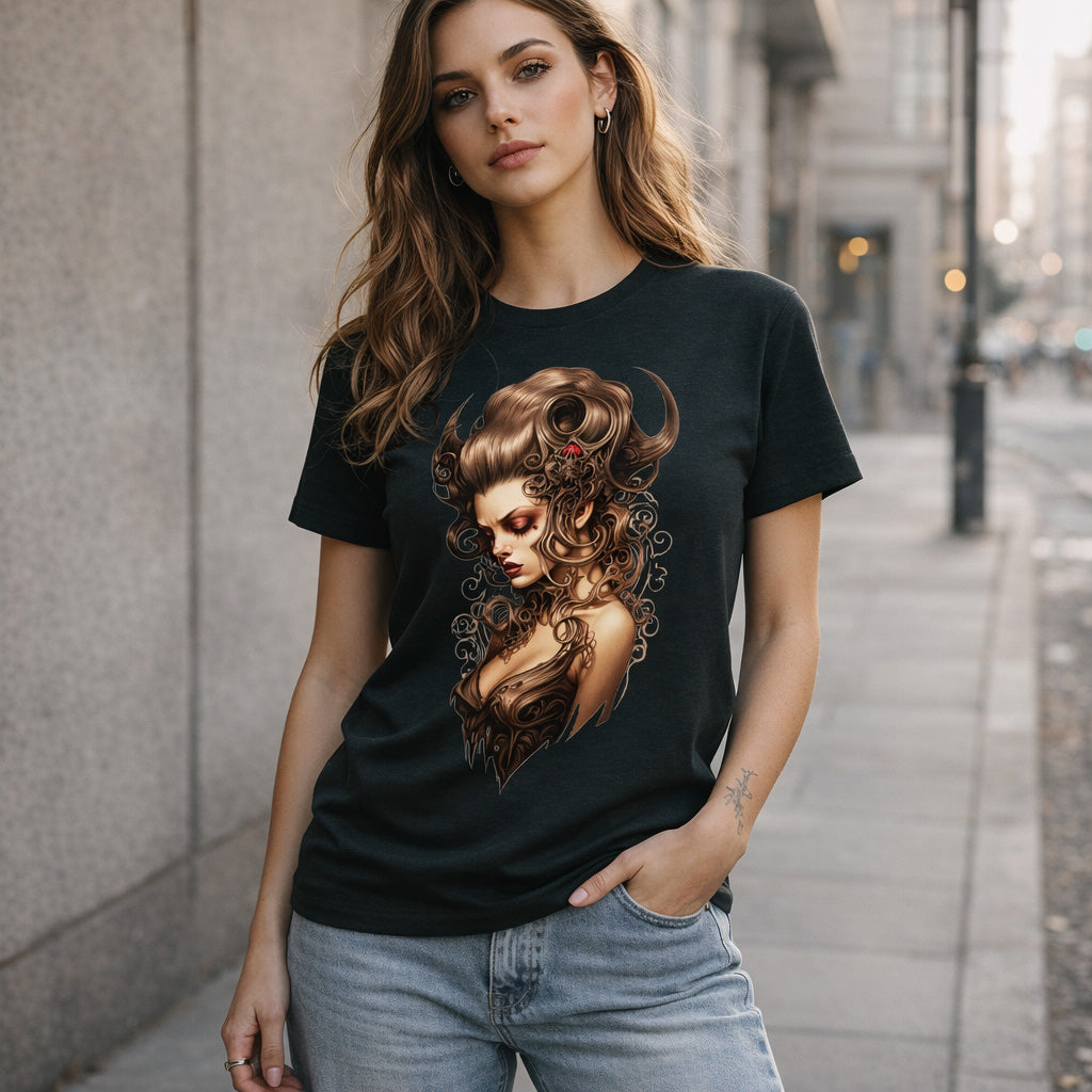 Woman wearing a black t-shirt with a graphic design of a woman's face on a city street.