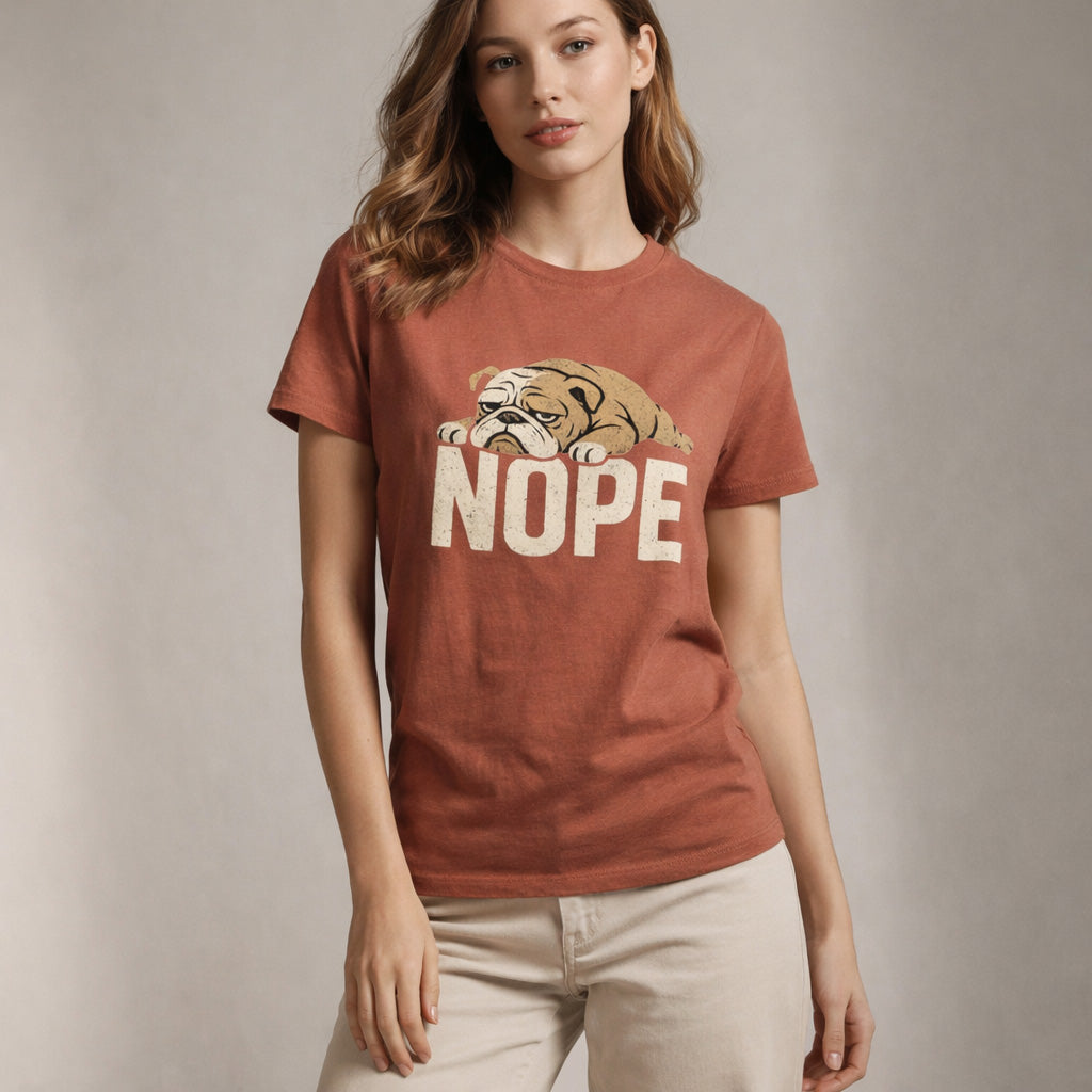 woman wearing a red t-shirt with a bulldog graphic and 'NOPE' text on a plain background