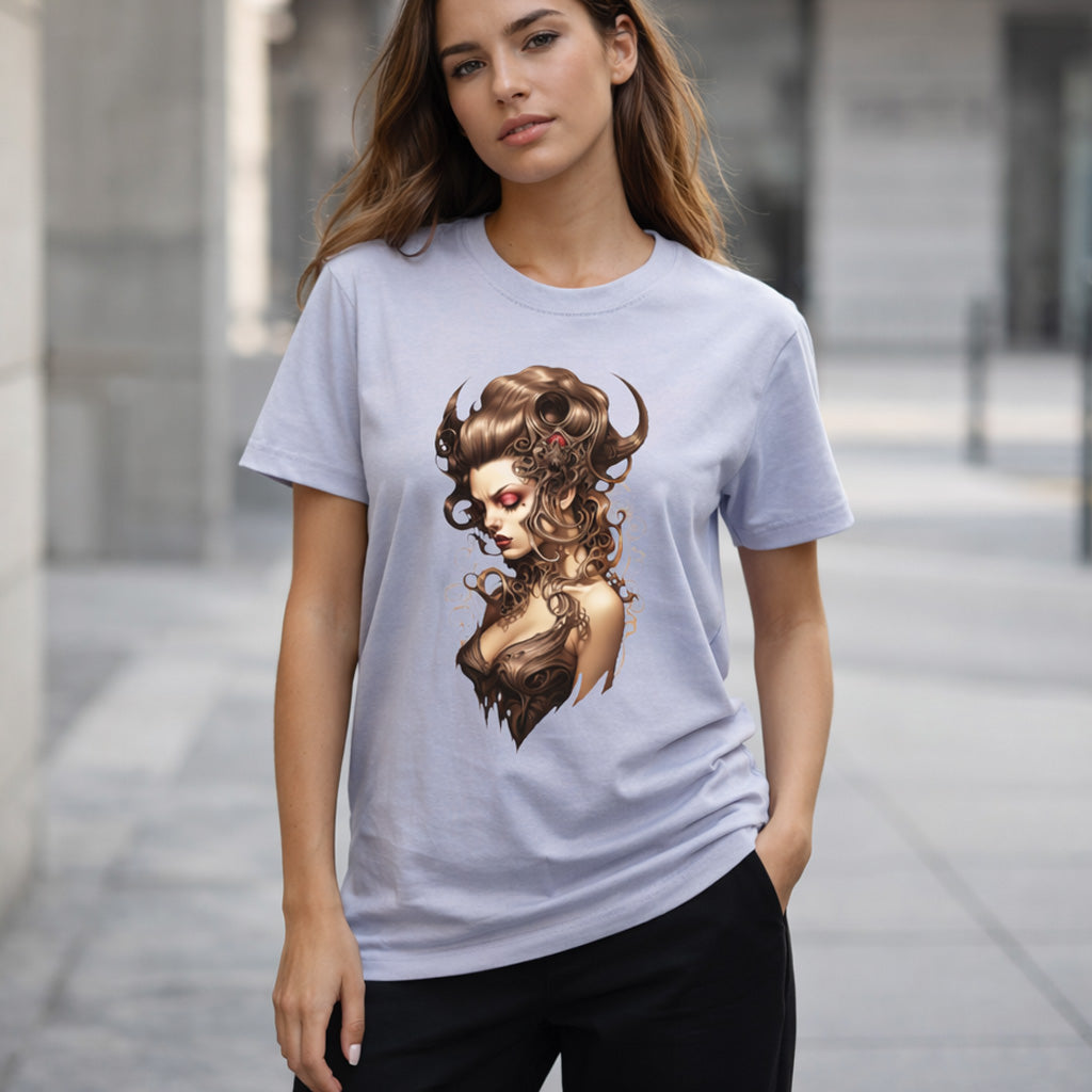 Woman wearing a t-shirt with an artistic design of a woman's face on a blurred street background