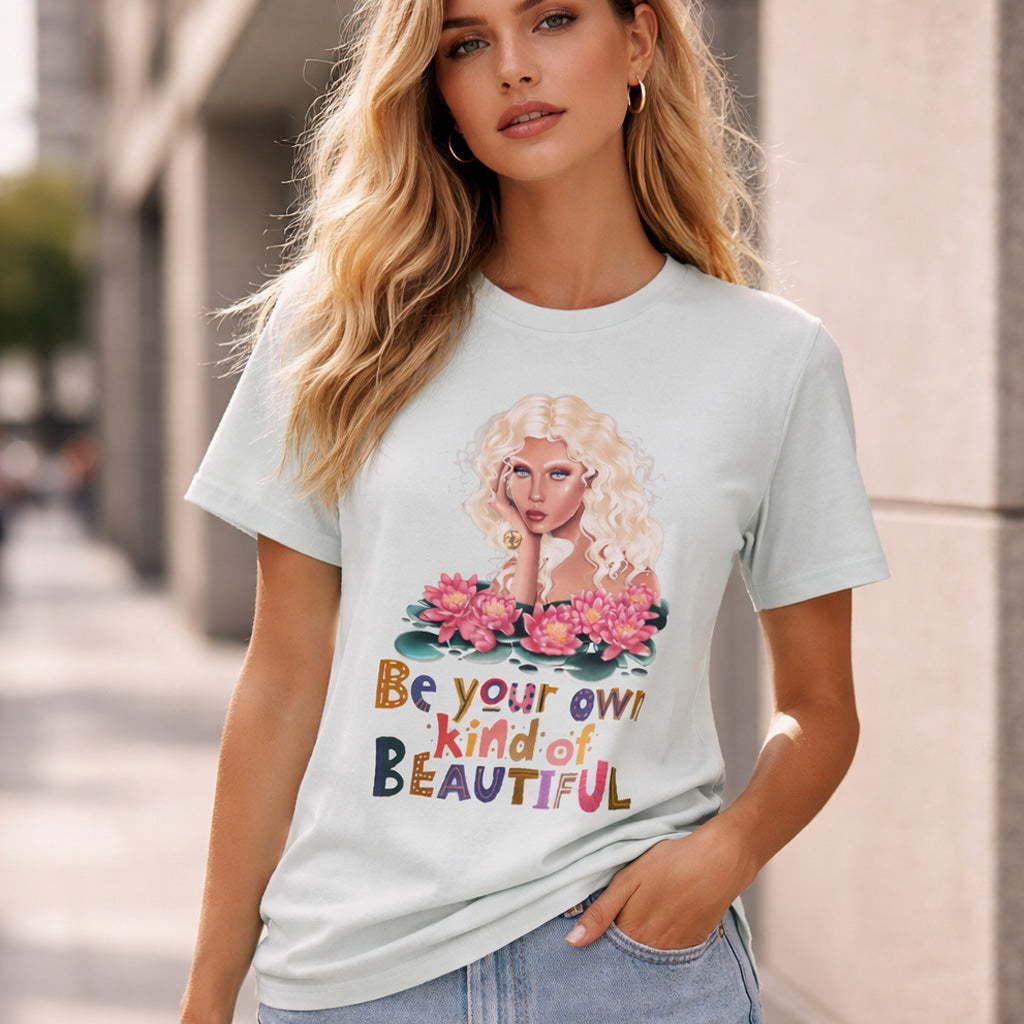 Woman wearing a t-shirt with a graphic and text 'Be your own kind of beautiful' on a city street.