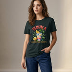 Woman wearing a dark green t-shirt with a tequila-themed graphic and text.