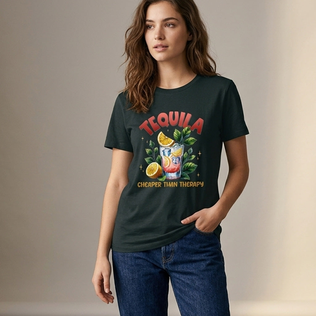 Woman wearing a dark green t-shirt with a tequila-themed graphic and text.