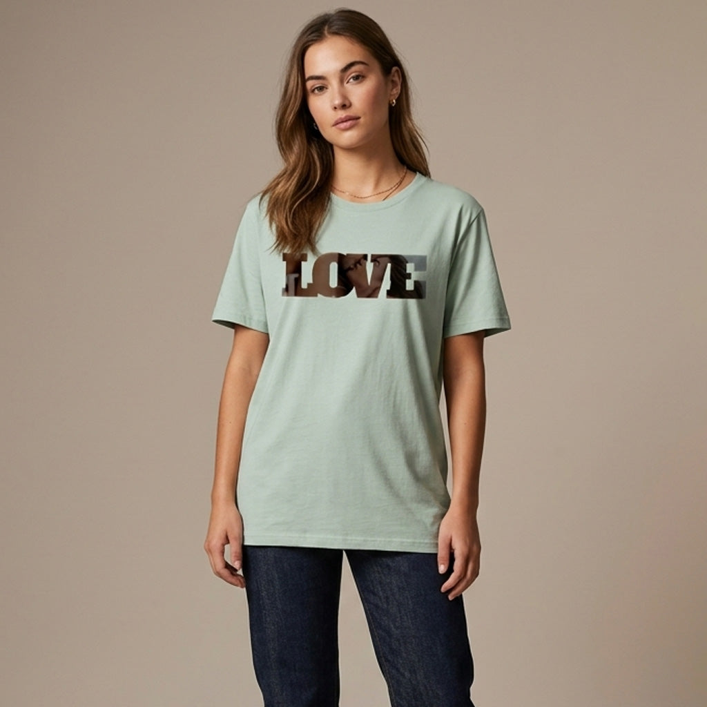 A woman with long brown hair wears a light green T-shirt with the word "LOVE" in bold, dark letters on the front. She is standing against a plain beige background and has a neutral expression.