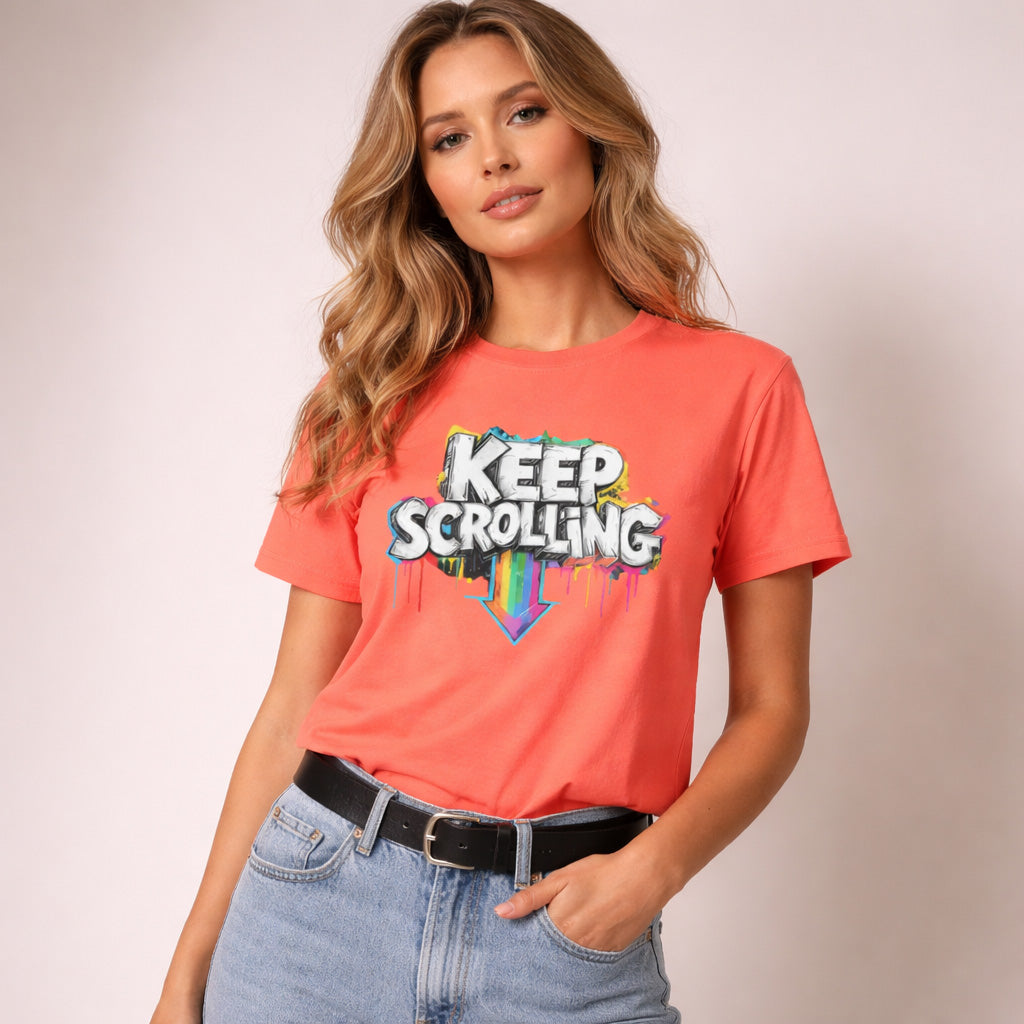 Woman wearing a coral t-shirt with 'KEEP SCROLLING' text on a plain background
