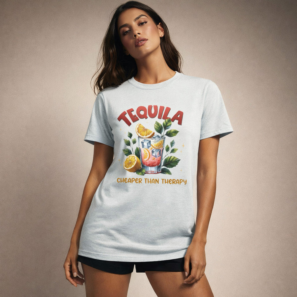 Woman wearing a light blue t-shirt with a tequila graphic and text on a beige background