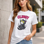 Woman wearing a white t-shirt with a cat graphic and 'CLINGY' text.